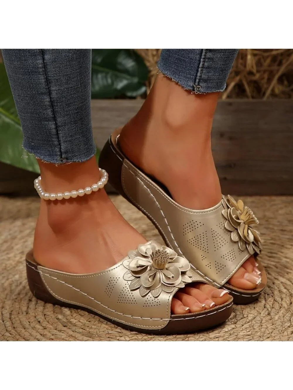 Women's Gold Faux Leather Summer Wedge Low Open Toe Slide Dressy Flower Sandal